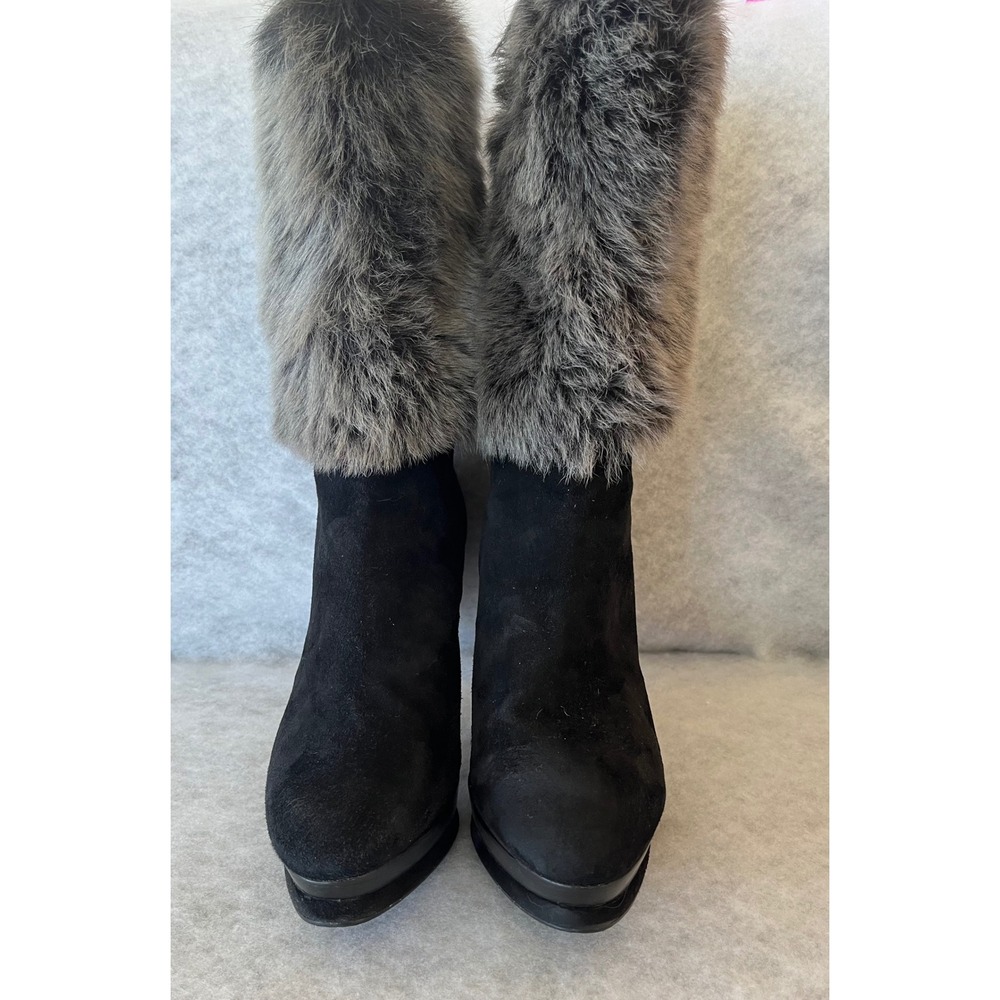 Stuart Weitzman‎ Black Suede Fur Cuff Platform Heels Boots Spain